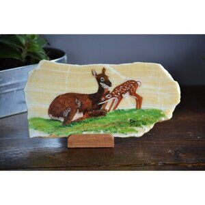 Donna Davis 1983 On The‎ Fifth Day Stone Painting Mother Deer Fawn art vintage